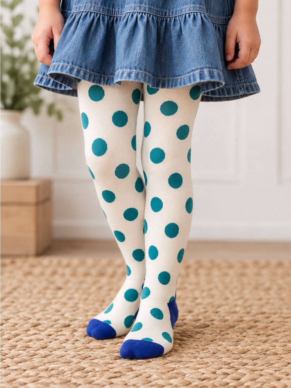 Matilda Jane Girls Polka Dot Footed Tights Size 2/4 Ivory Teal Blue